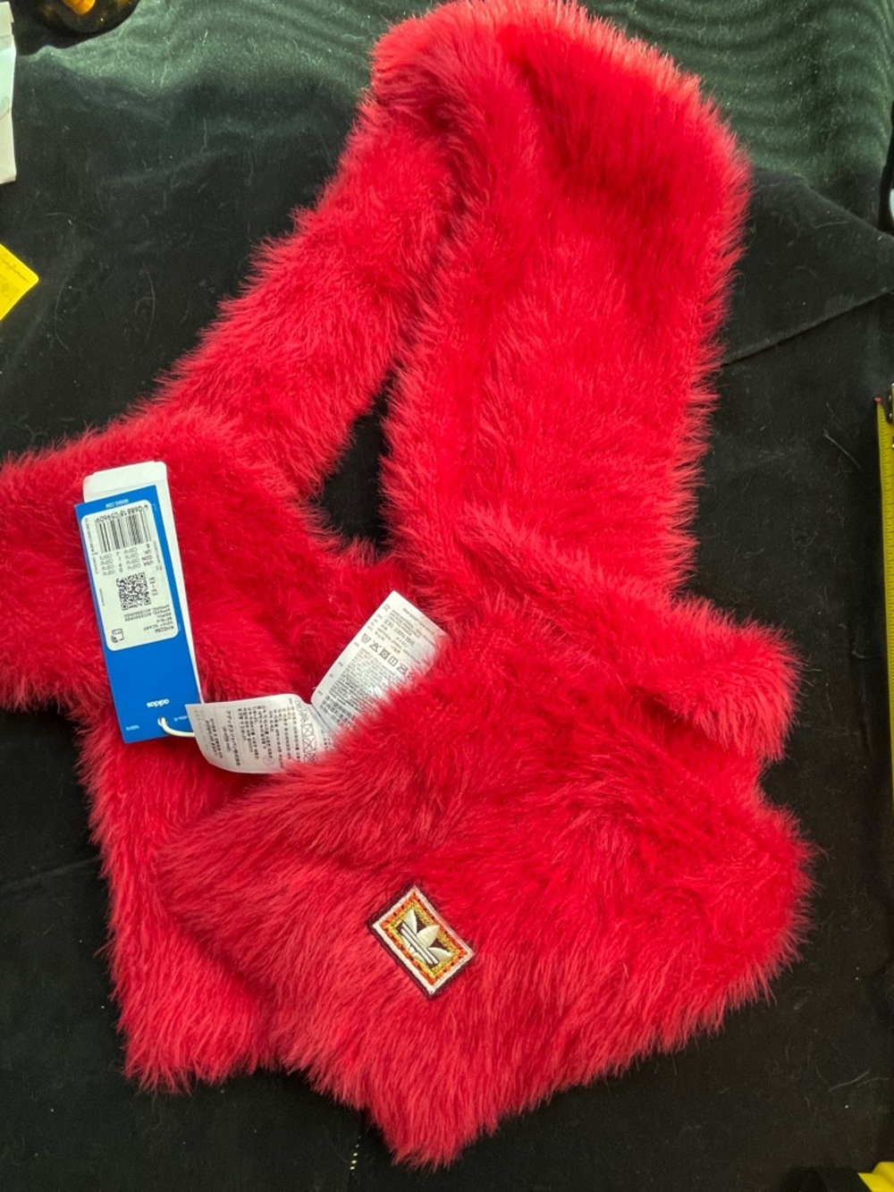 Red Faux Fur Scarf with Adidas Patch Detail